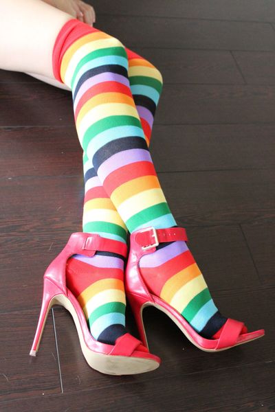 Well Worn Bright Sexy Rainbow Thigh High Socks