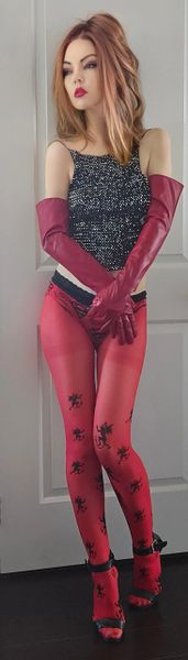 Well Worn Red and Black Pantyhose with Halloween Devil Decor