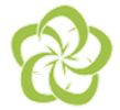 Green floral logo with five curved petals.