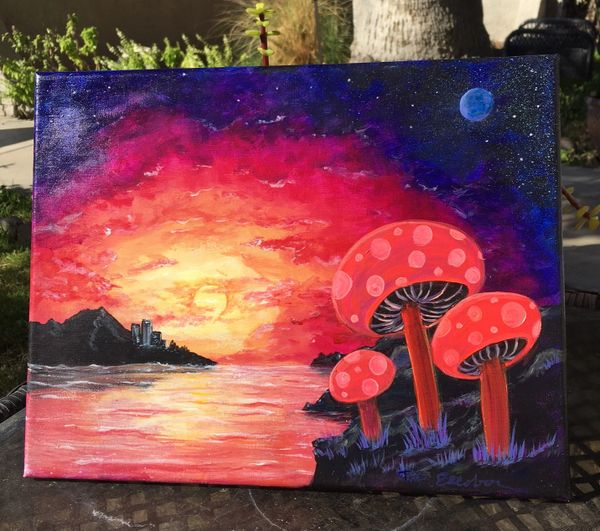 Moonshrooms of another world 11" X 14" Acrylic on canvas original painting