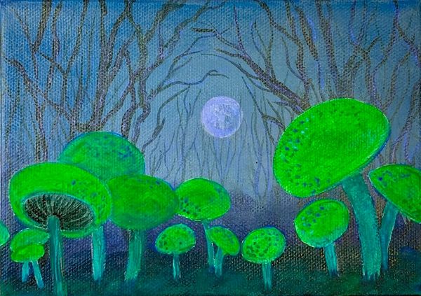 Mushrooms in the moonlight Original acrylic painting 5" X 7" gallery wrapped canvas
