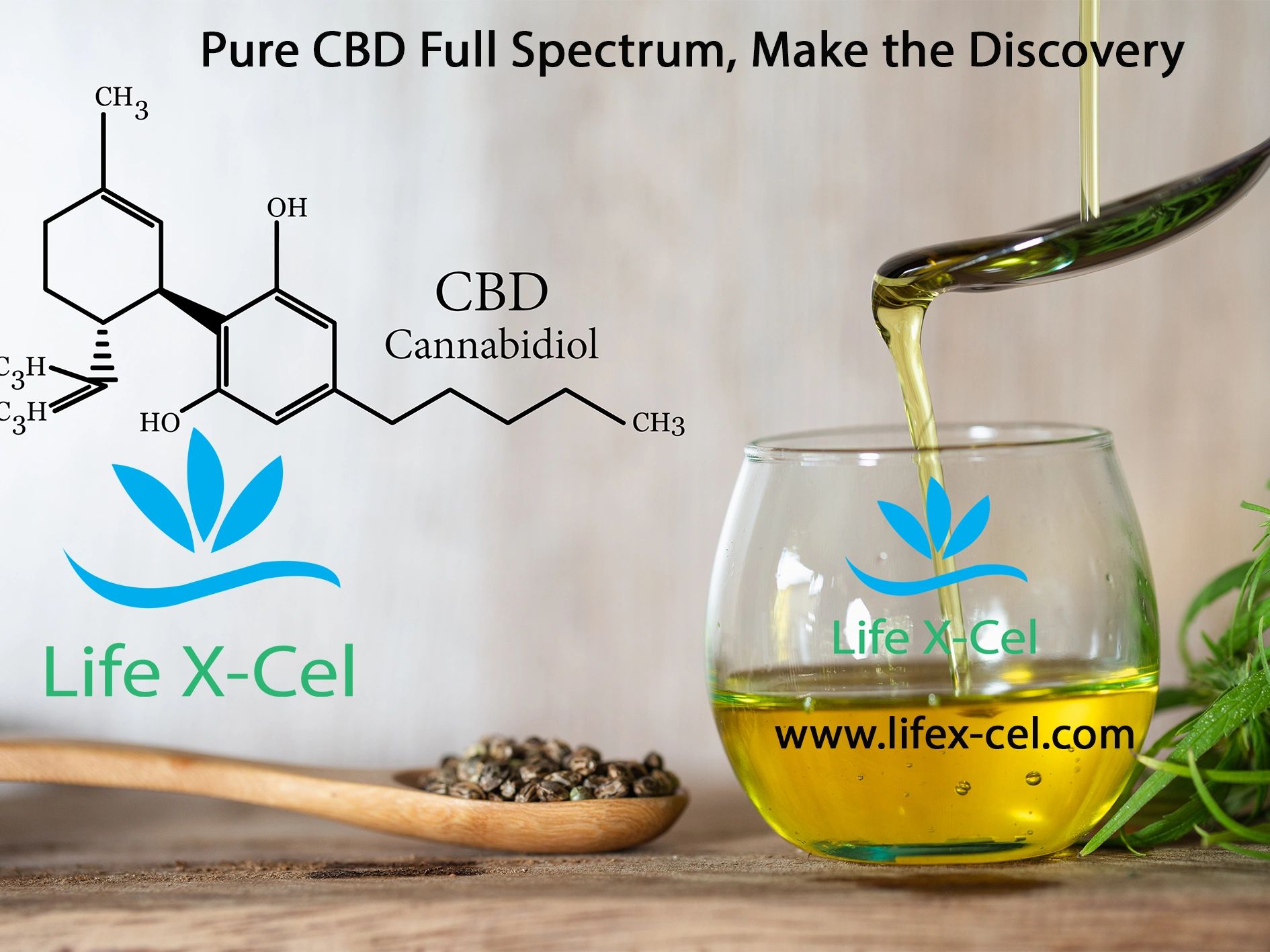 Life X-Cel CBD oil being poured into a glass