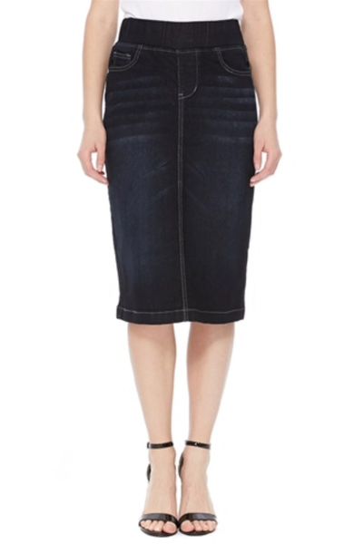 Tiffany - Black Wash Midi Denim Skirt W/Elastic Waist Band