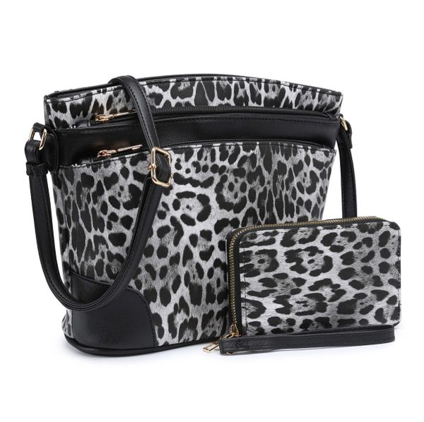 Gray and Black Leopard Design Triple Zip Handbag and Wallet 46 Clothing Fashion Accessories with Southern Flair