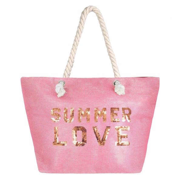 Pink Sequin Summer Love Beach Tote with Rope Handles 21