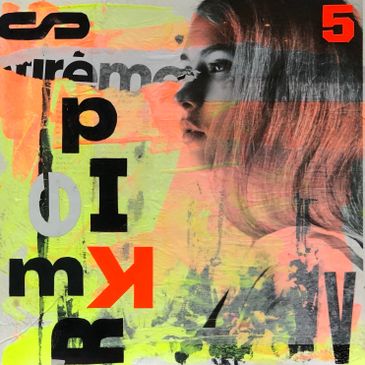 Figurative portrait collage letters numbers alphabet paint abstract painting words neon five pink