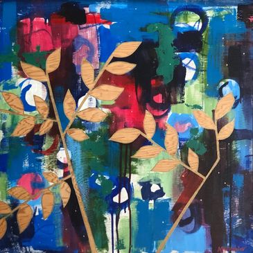 Abstract flowers drip acrylic paint on wood botanical tree leaf branch kentucky coffee tree nature