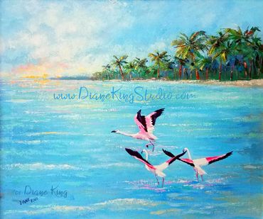 3 Flamingo Flight.  Acrylic.