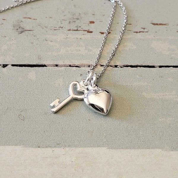 Tiny Sterling Silver Heart Key Charm Necklace  flyingtutu,jewelry,handmade  jewelry,sterling silver