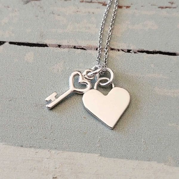 Tiny Sterling Silver Heart Key Charm Necklace  flyingtutu,jewelry,handmade  jewelry,sterling silver