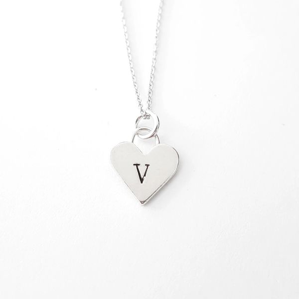Sterling Silver Heart Letter V Initial Necklace