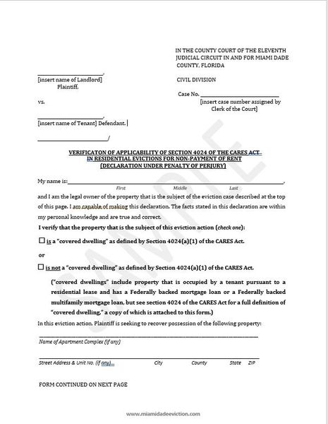 VERIFICATON OF APPLICABILITY OF SECTION 4024 OF THE CARES ACT IN ...