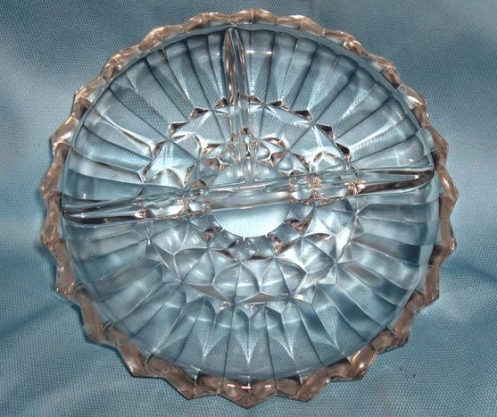 Vintage Clear Glass Leaf Dish Divided Candy Nut Relish Plate