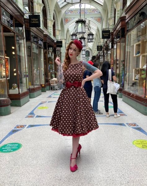 White Polka Dot & Red Rose Print Rockabilly 50s Swing Dress w