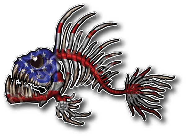 USA American Flag Bone Fish Skeleton and USA American Flag Decal Fishing Kayak Sticker Outdoors Patriot Bass Graphic