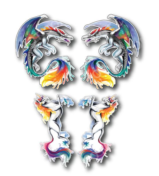 4 pack of Unicorn and Dragon decals painted abstract art sticker for car truck SUV vehicle tumbler cup mug