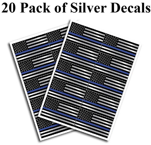20 pack of SILVER Flag Thin Blue Line Police Officer BLM American Distressed Flag vinyl decal Blue Lives Matter sticker Car Truck 1.3" x 2.5"