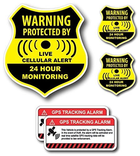 (5 Pack) Combination Pack of 24 Hour Monitoring - This Vehicle Protected by GPS Tracking Warning Signs - Decal Self Adhesive Sticker Vinyl Decal — UV resistent & Waterproof inks