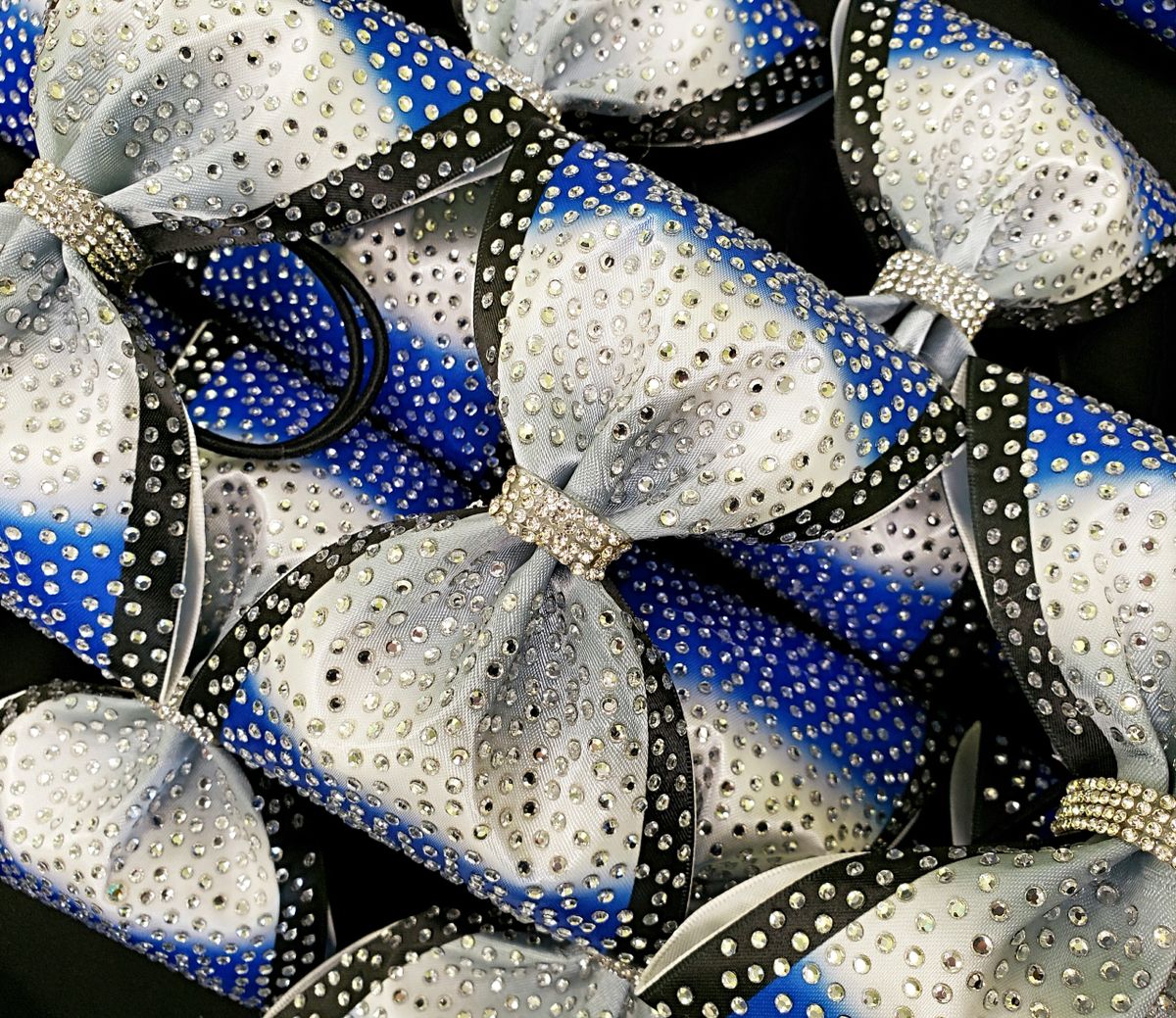 School Team "Darcy" Satin Rhinestone Tailless Cheer Bow -royal black silver