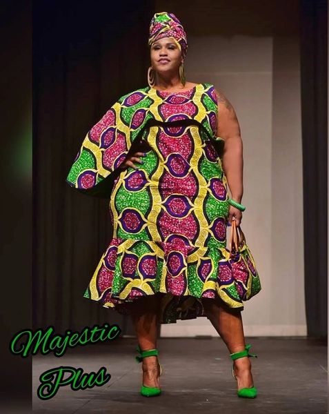 Plus Size Cape Ankara African Dress w Bottom Ruffle Head wrap Majestic Plus