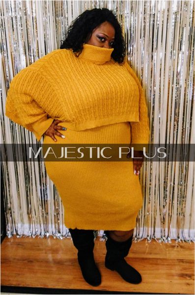 Plus Size Turtle Shawl & Dress Sweater Set- Mustard | Majestic Plus