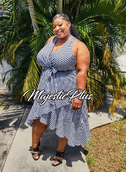 Plus size black shop and white striped dress