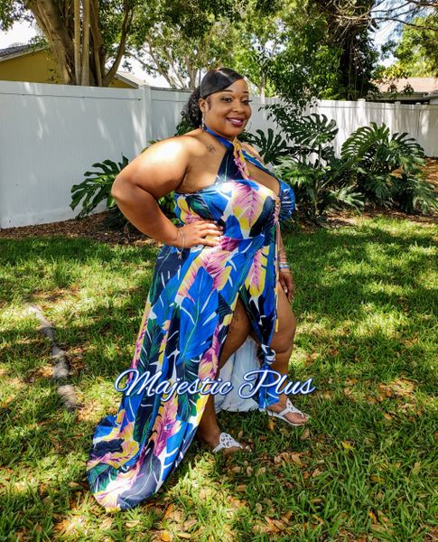 Super Plus Size CrissCross Neck Double Split Tropical Beach Dress