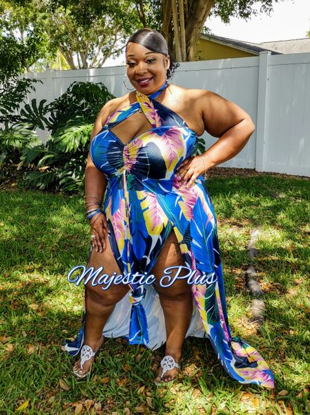 Super Plus Size CrissCross Neck Double Split Tropical Beach Dress