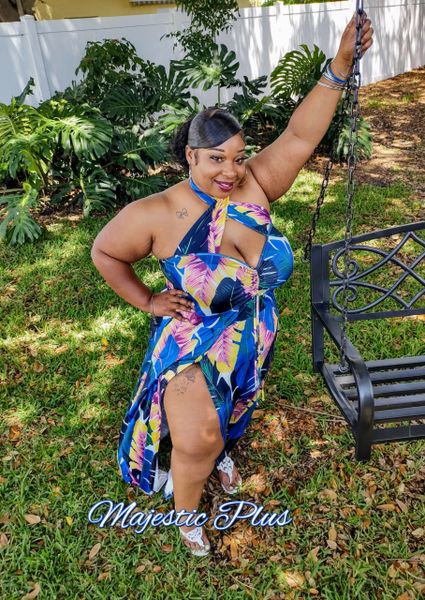 Super Plus Size CrissCross Neck Double Split Tropical Beach