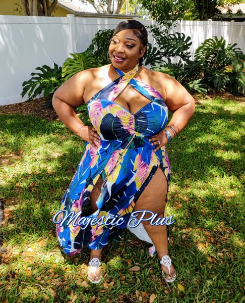 Super Plus Size CrissCross Neck Double Split Tropical Beach Dress