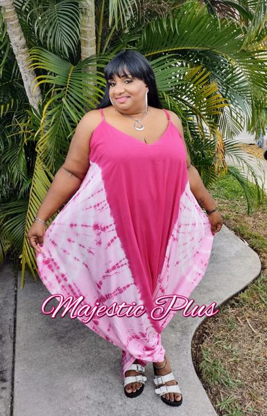 Plus Size Tie Dye Harem Jumpsuit w/ Spaghetti Straps- Pink | Majestic Plus