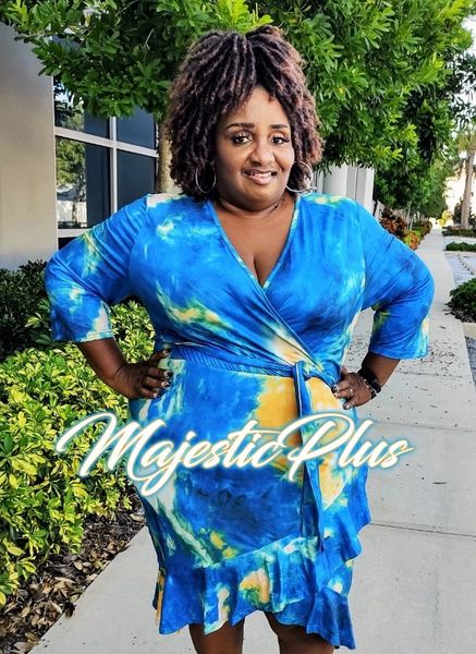 PLUS SIZE BLUE GOLD TIE DYE WRAP DRESS Majestic Plus