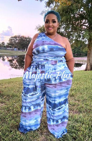 Blue Purple Sheer Overlay Tie Dye One Shoulder Jumpsuit