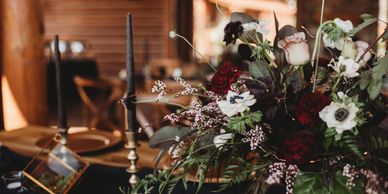 table setting, flowers, candles, wedding decorations, wedding decorator, Estes Park Resort Wedding