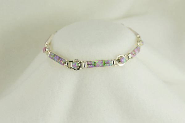 Sterling silver pink opal inlay 8" link bracelet. B019