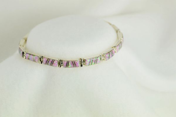 Sterling silver pink opal inlay 8" link bracelet. B021
