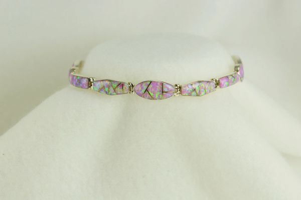 Sterling silver pink opal inlay 8" link bracelet. B022