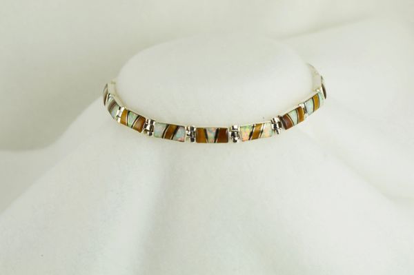 Sterling silver multi color opal, black onyx and tiger eye inlay 8" bracelet. B034