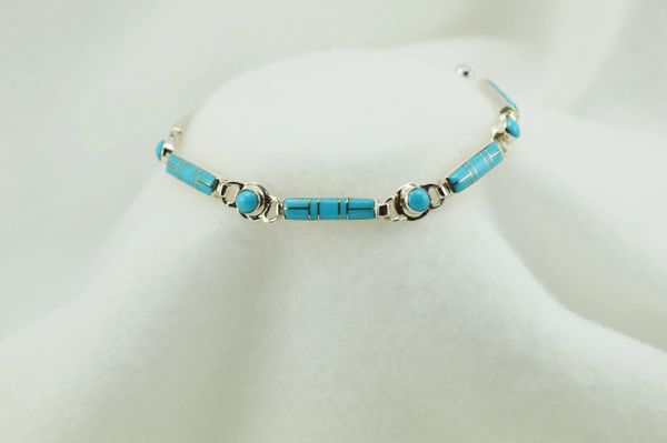 Sterling silver turquoise inlay link 8" bracelet. B041