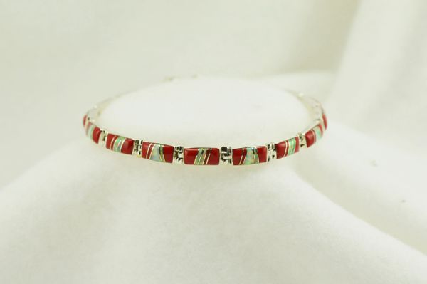 Sterling silver coral and white opal inlay link 7.5" bracelet. B052