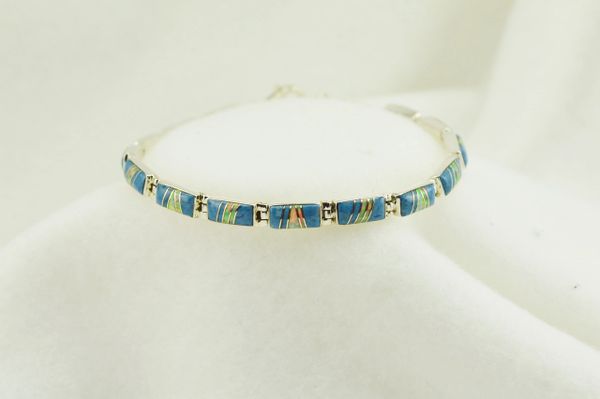 Sterling silver denim lapis and white opal inlay link 7.5" bracelet. B053