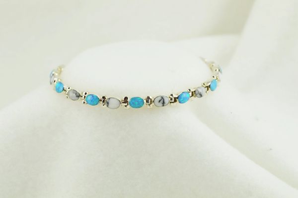 Sterling silver howlite and blue opal inlay link 8" bracelet. B056