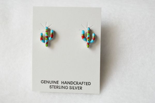 Sterling silver multi color post cactus earrings (E011)
