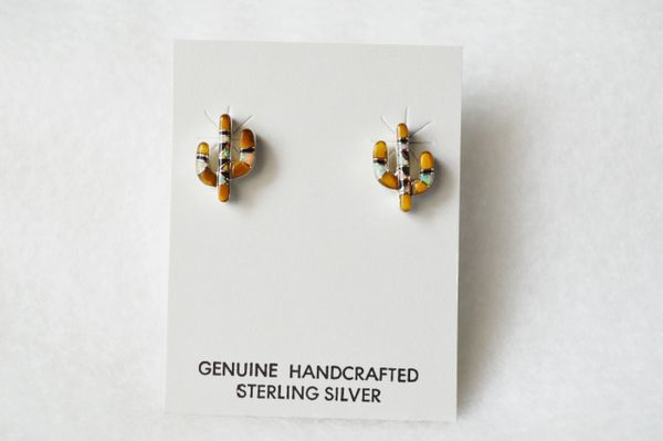 Sterling silver multi colored inlay cactus post earrings. (E025)
