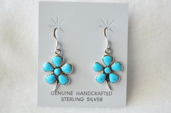 Sterling silver turquoise pedal flower dangle earrings. (E046)