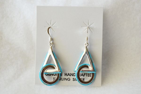 Sterling silver inlay turquoise circle/triangle dangle earrings. (E047)