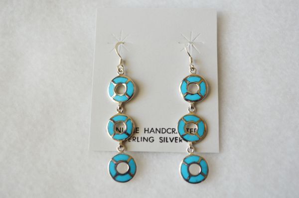 Sterling silver turquoise triple rounds dangle earrings. (E049)
