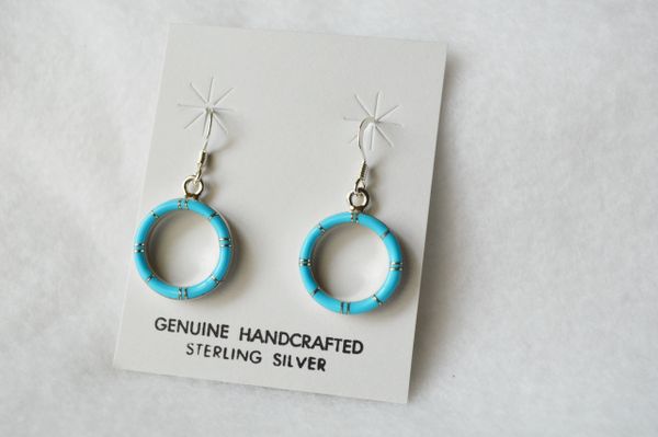Sterling silver turquoise inlay hoop dangle earrings. (E057)
