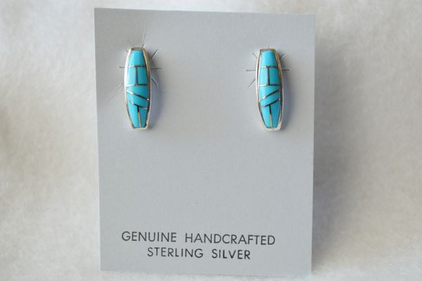 Sterling silver turquoise inlay coffin post earrings. (E059)