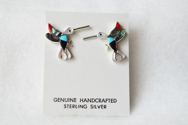 Sterling silver multi color inlay hummingbird post earrings. (E068)